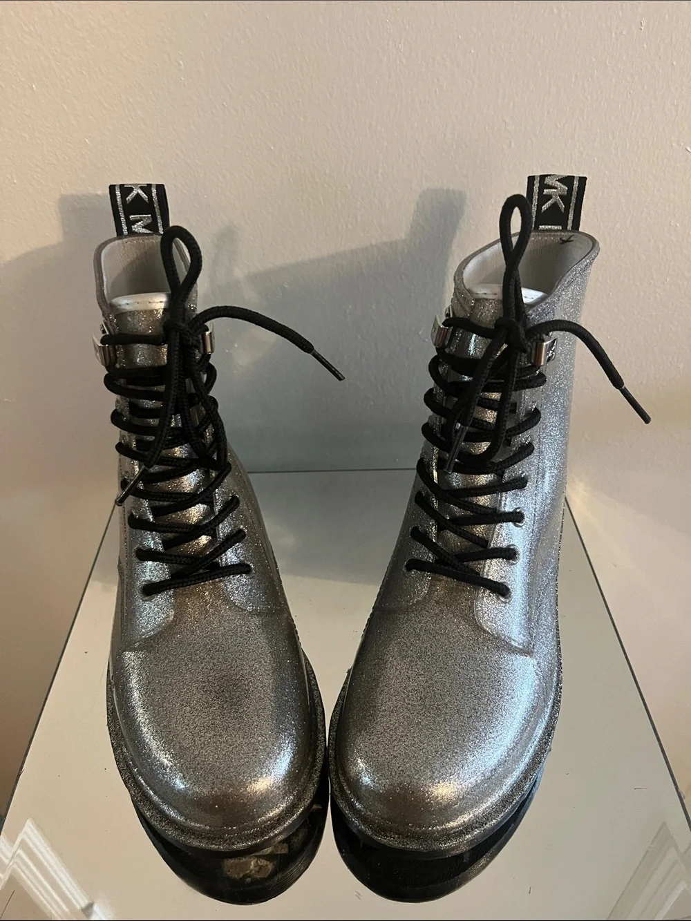Michael Kors Silver Lace-Up Combat Boots with Black Laces